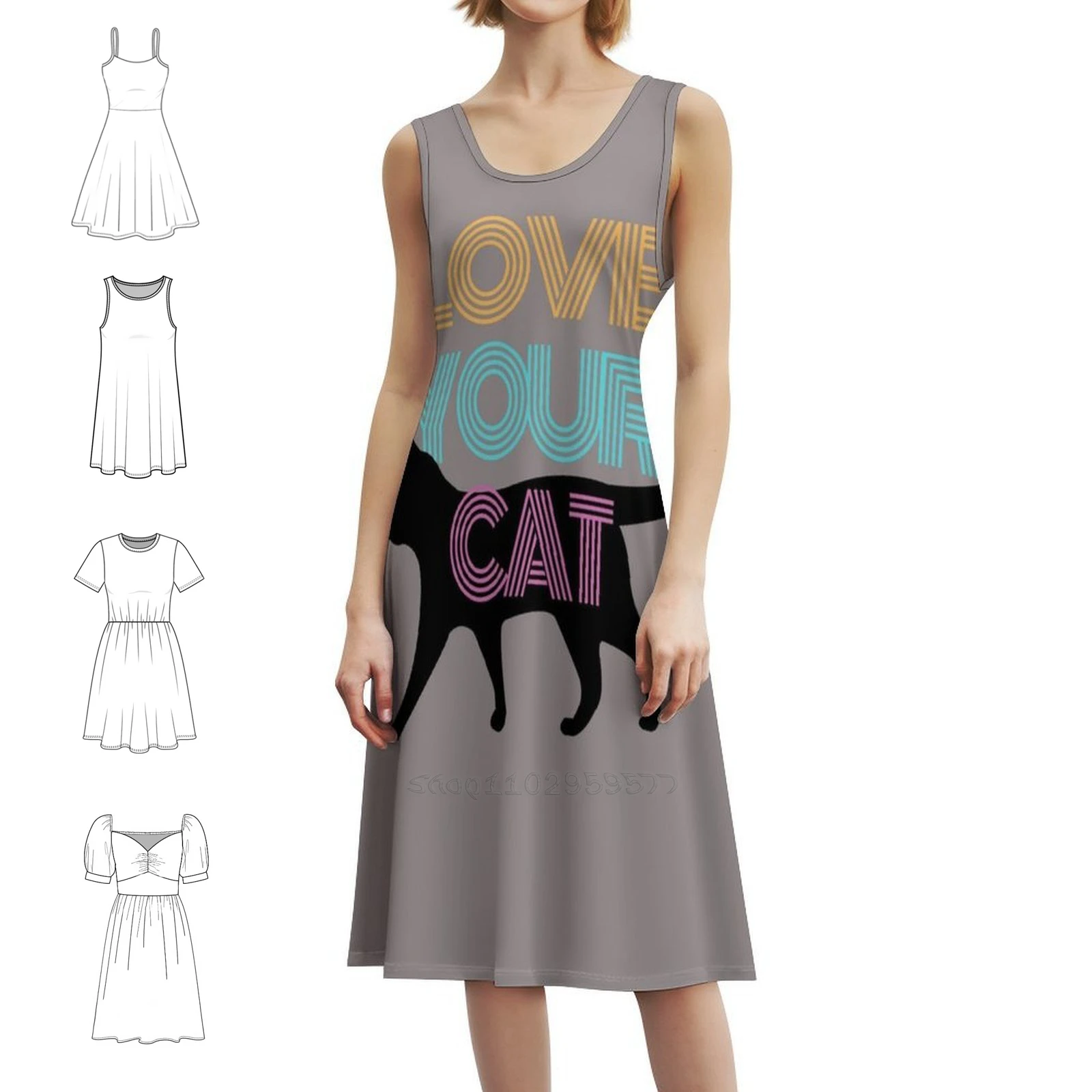 أحب قطتك البوهيمي فستان بلا أكمام متعدد المطبوعات عطلة الشاطئ فستان الحفلات الحب القط القطط القطط الرجعية فيبي الأسود الإناث