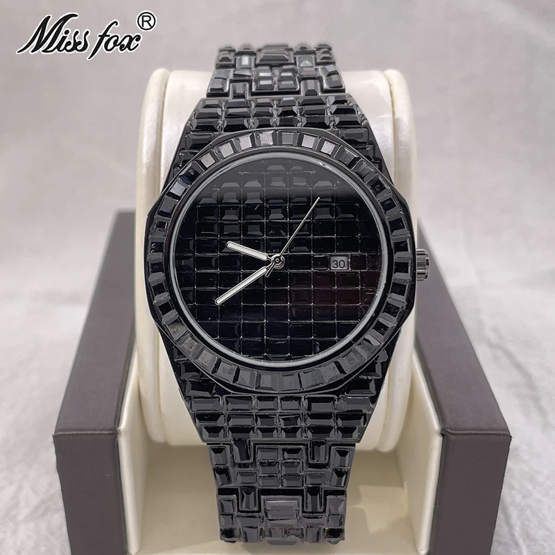 

Hip Hop Brand MISSFOX Luxury Wristwatch Baguette Diamond Black Watch For MenS Stainless Steel Automatic Date Quartz Clocks Male