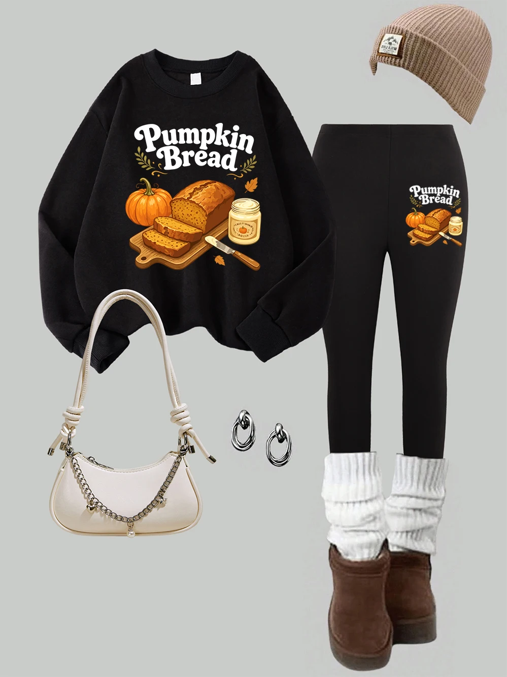 2Pcs Tights Sweatshirt Set Womens Pumpkin Bread Butter Printed Hoodies Casual Loose Pocket Pullover Winter Warm Velvet Trousers
