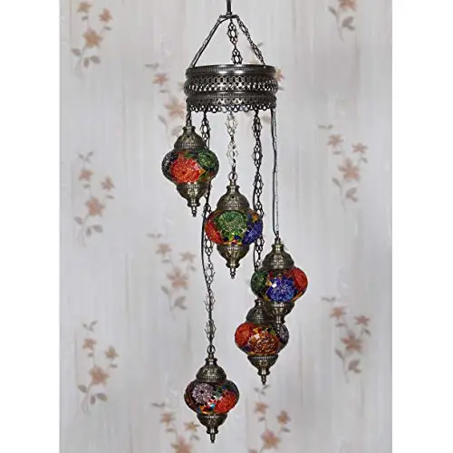 LaModaHome 40 + Unique Colors, 2020 Customizable Chandelier 5 Globes + Free 5 Bulbs, stunning Mosaic Turkish Lamp Moroccan Light