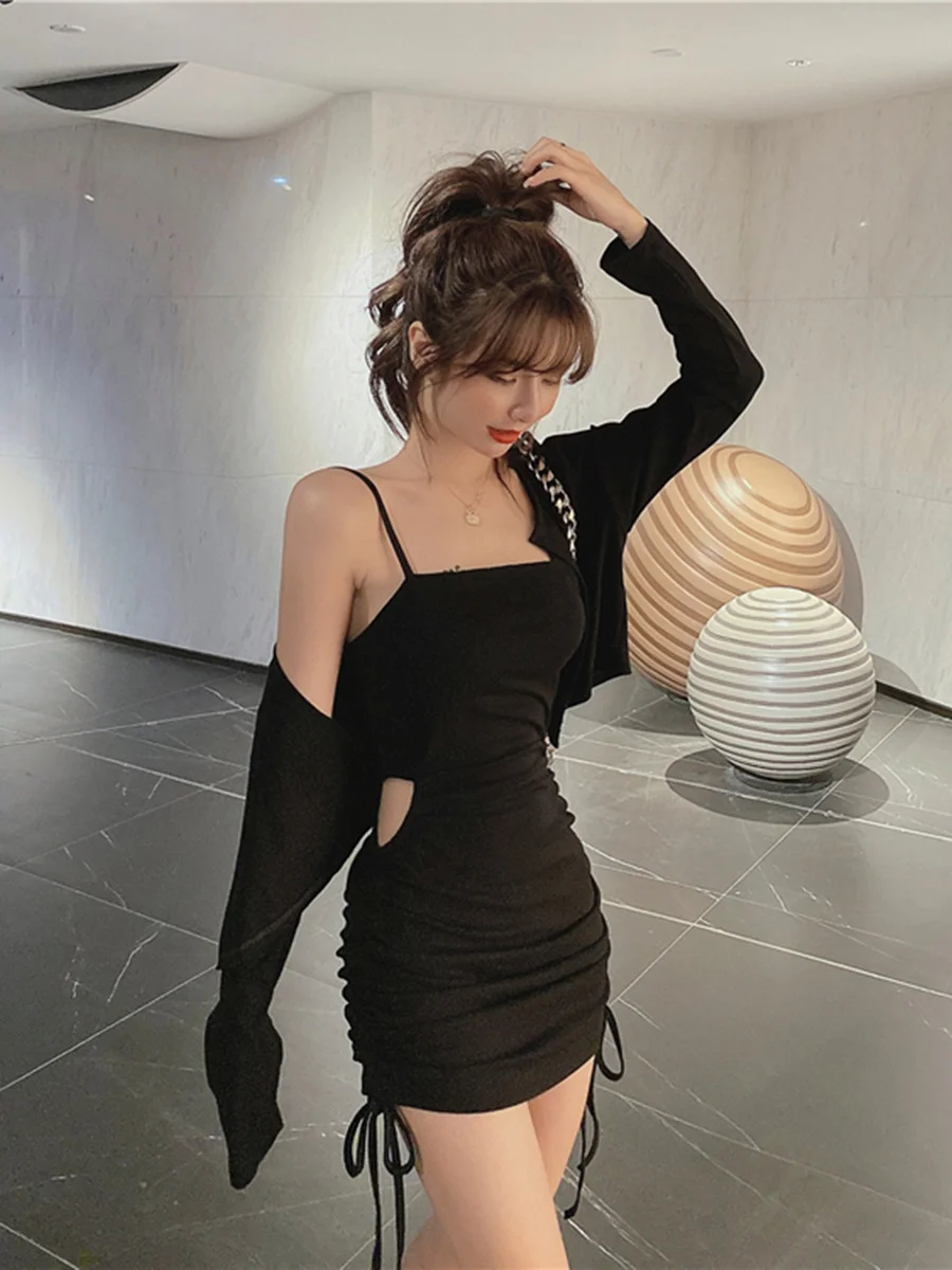 Vestido Corto con Cintura Ajustable con Cordón para Mujer, Estilo Coreano, Cintura Alta, Falda en Línea A, Manga Larga, para ...