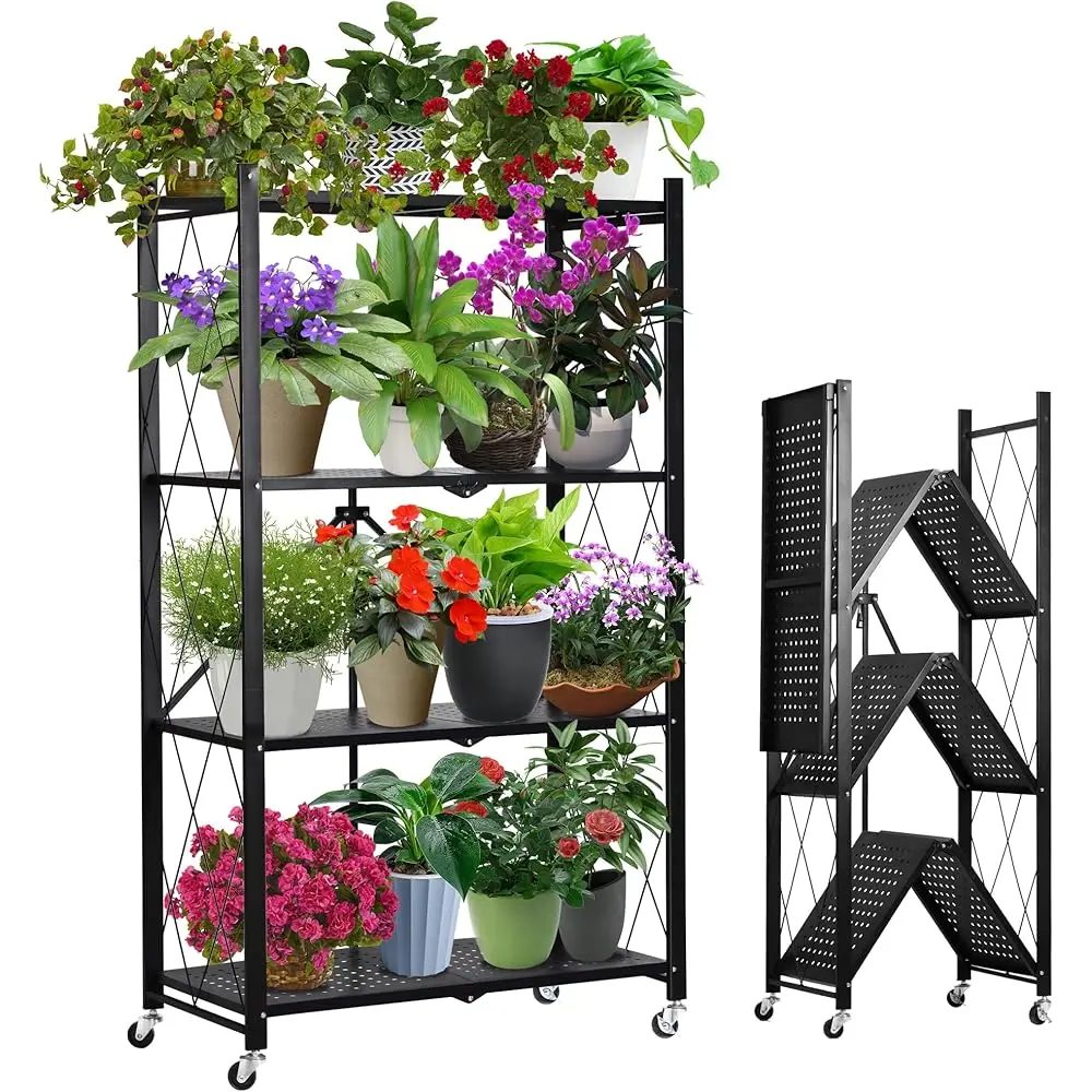 

Metal Plant Stand Plant Shelf Folding Plant Stand No Assembly Required Easy To Move 4 Tiers Flower Stand With Wheels For Living