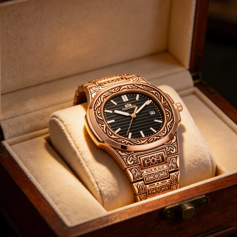 PAULAREIS P Luxury Carved Antique Vintage Quartz Watch for Men Stainless Steel Waterproof Luminous Fashion Carving Mens Watches