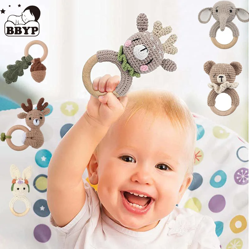 1PC Crochet Animal Rabbit Rattle Toy Soother Bracelet Wooden Teether Ring Baby Product Mobile Pram Crib Wooden Toys Newborn Gift