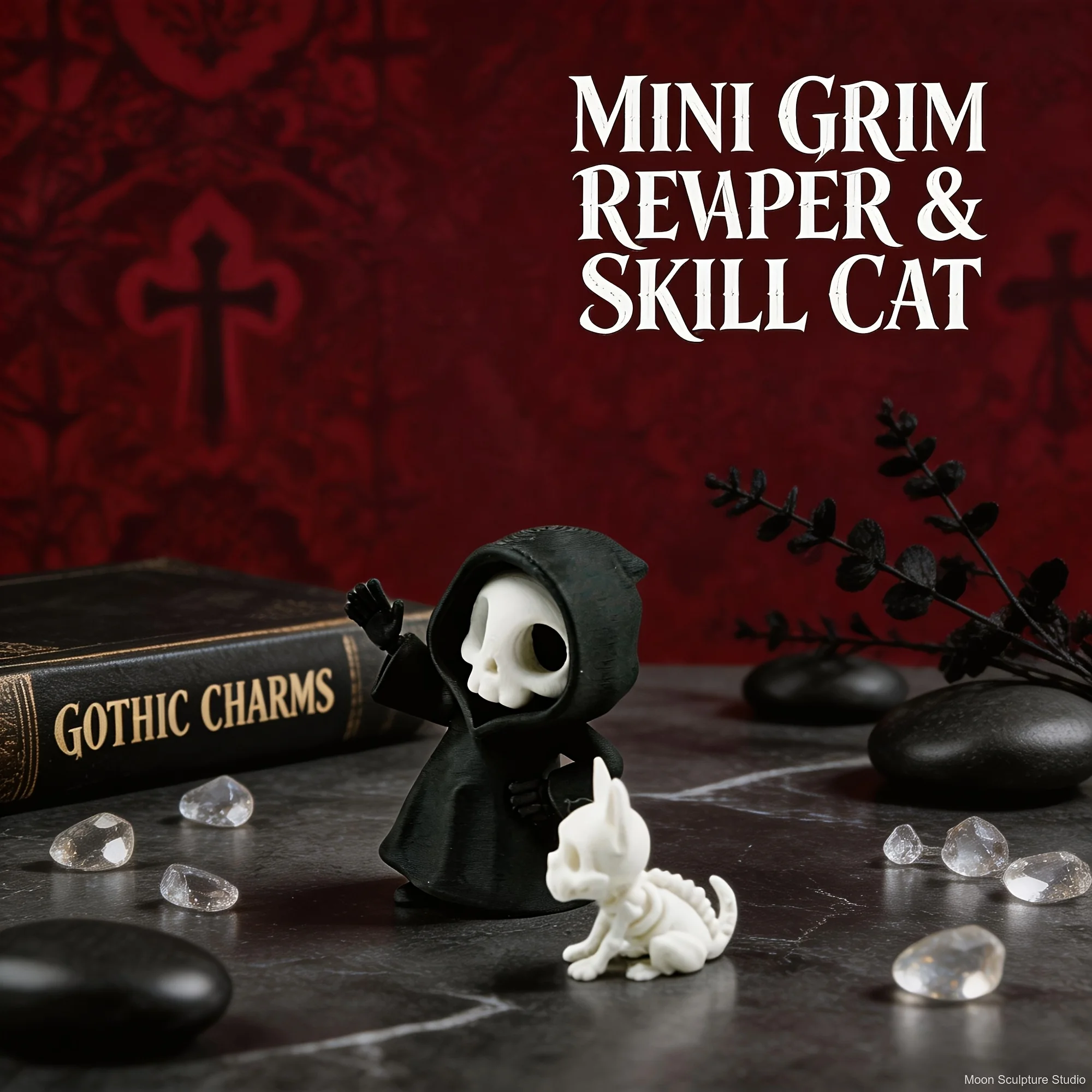 Collectible Figure – 2.56-Inch Gothic Grim Reaper and 1.3-Inch Skeleton Pet Sculpture, Dark Fantasy Desktop Decorative Ornament