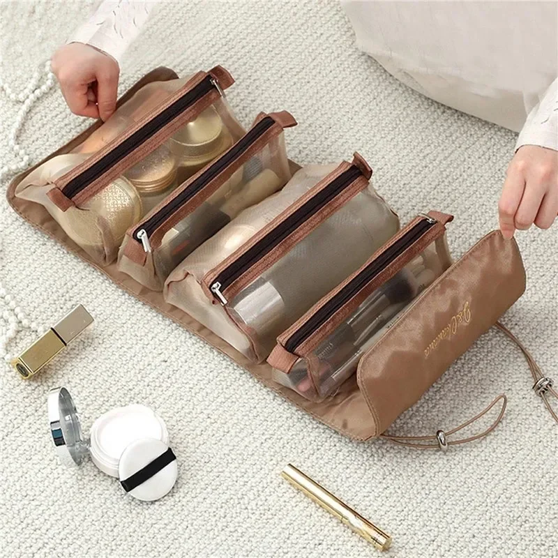 Bolsas de maquillaje 4 en 1, bolsa de cosméticos desmontable, portátil, de gran capacidad, plegable, para viaje, almacenamiento de cosméticos, bolsa de aseo