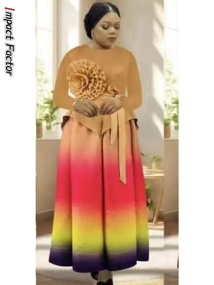 

Miyake Fold Gradual Change Color Loose Temperament Elegant Dress 2025 Summer New Elegant Round Neck Big Flower Skirt