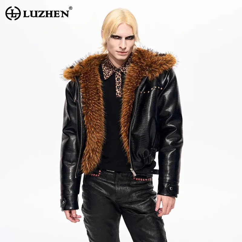 

LUZHEN 2025 Winter High Quality Faux Fur Liner Warm Hooded Leather PU Jacket Men's Street Rivet Metal Decorate Parka Coat JY5196