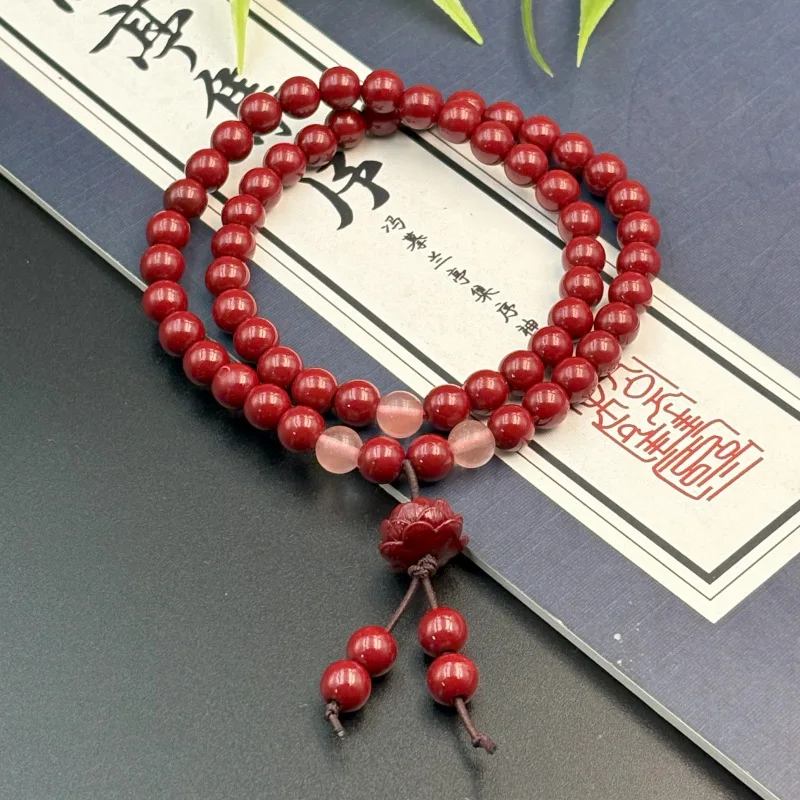 

Natural cinnabar women's double-circle bracelet, lotus beaded jewelry, auspicious jewelry, girl gift.