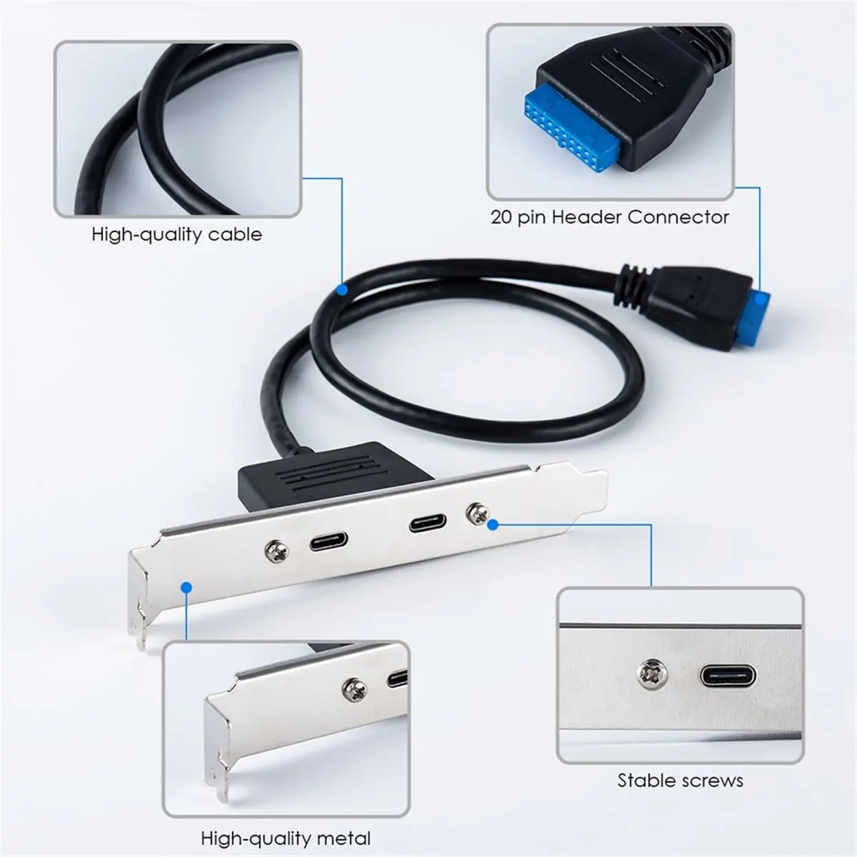 (▲★HUND)0.5m Front PCI Card Slot USB 3.1 Port Expansion 20pin Female to Dual TYPE-C Female Data Cable with Bezel