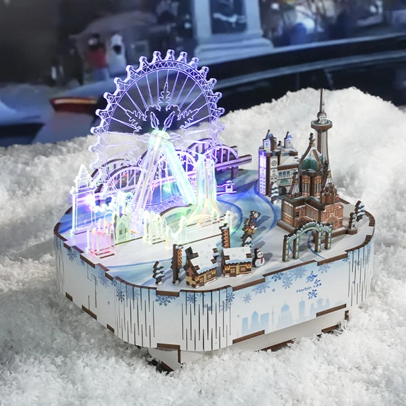 DIY 3D Wooden Snow World Music Box Miniature Model Kits Ferris Wheel Jigsaw Puzzles With Light Can Move for Children Xmas Gifts