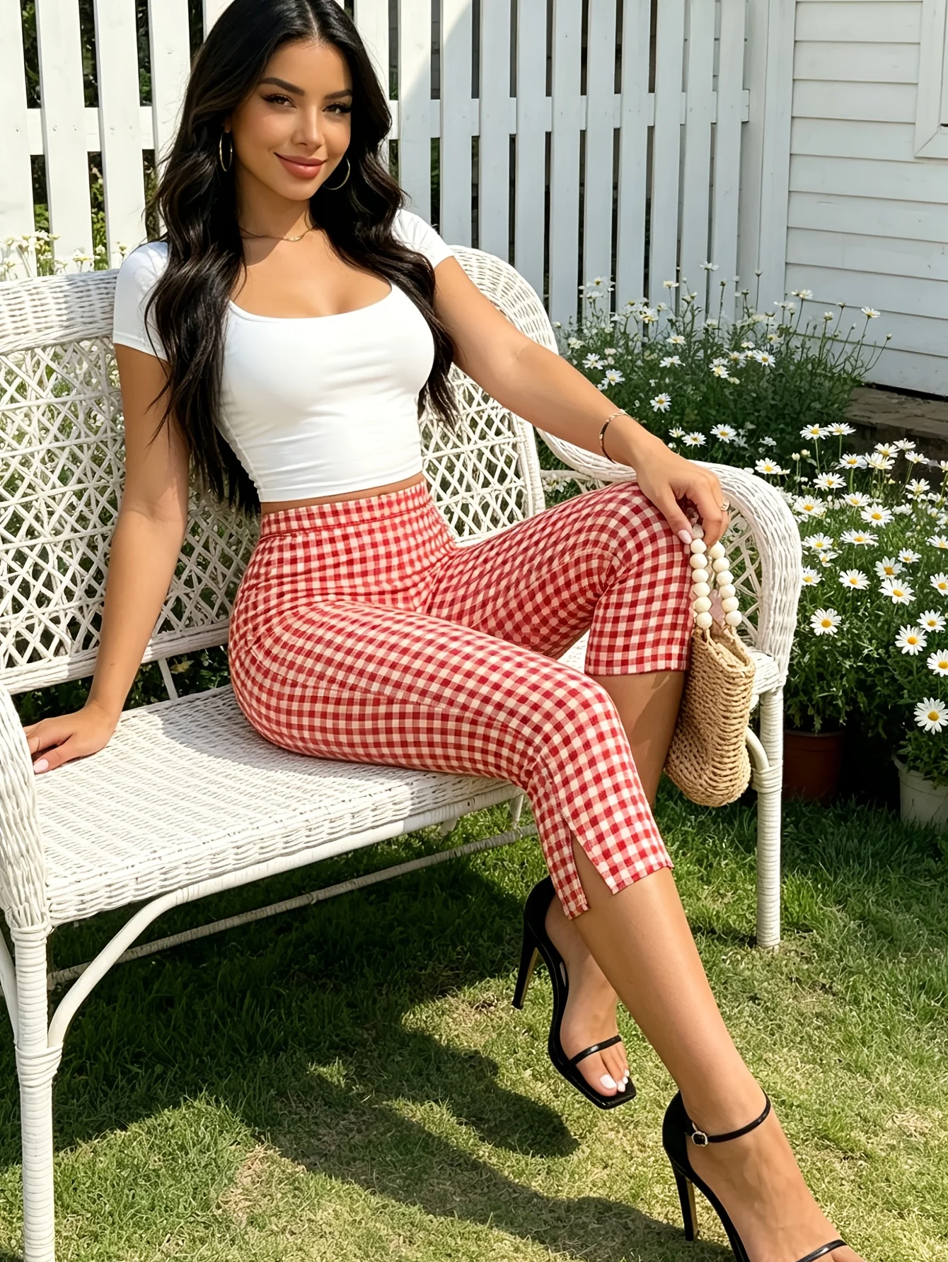 Fashionable Casual Versatile Tight Slit Pleated Mid-length Pants For Women In Red And White Checkered Print With A Hem Opening