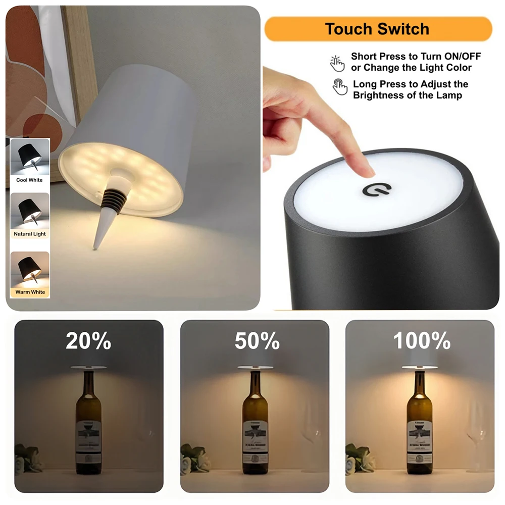 Type C Rechargeable LED Table Lamp Wireless Wine Bottle Lamp 3 Colors and Stepless Dimming Night Light  for Bar Cafe Atmosphere