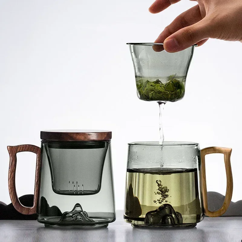 

Tea Separation Filtration Glass Cup Wood Handle Coaster Tea Water Separation Container With Infuser Filter Tea Making Cup