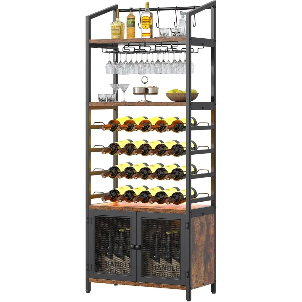 Wine Rack Freestanding Floor with LED Lights, 4-Tier Industrial Wine Rack, Bar Cabinet for Liquor and Glasses, Wine Storage Cab