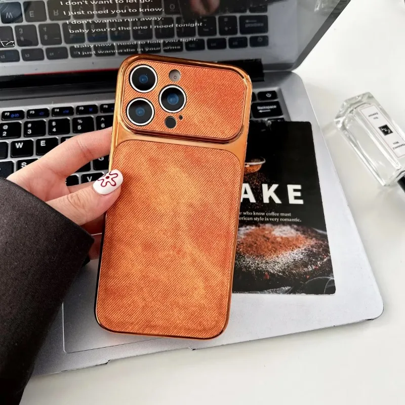 Plating Cushion Denim Cowboy Fabric Phone Case For iPhone 16 15 14 13 18 Pro Max Shockproof Instantly Turn 17 Large Window Cover view 5