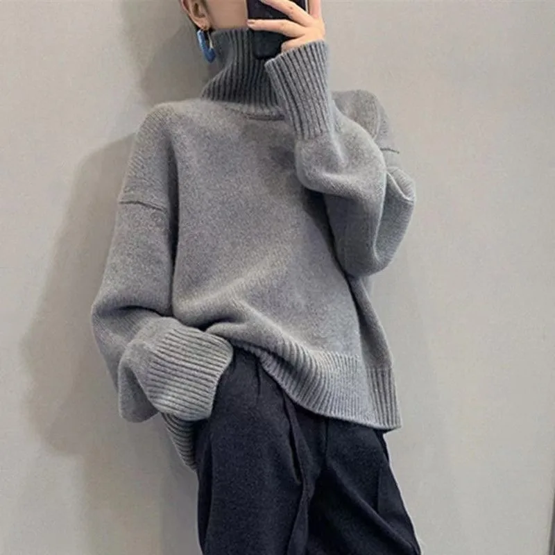 

European Style Autumn/Winter High-Neck Sweater for Women Thick and Loose Fit Casual Knit Base Layer pullover Top