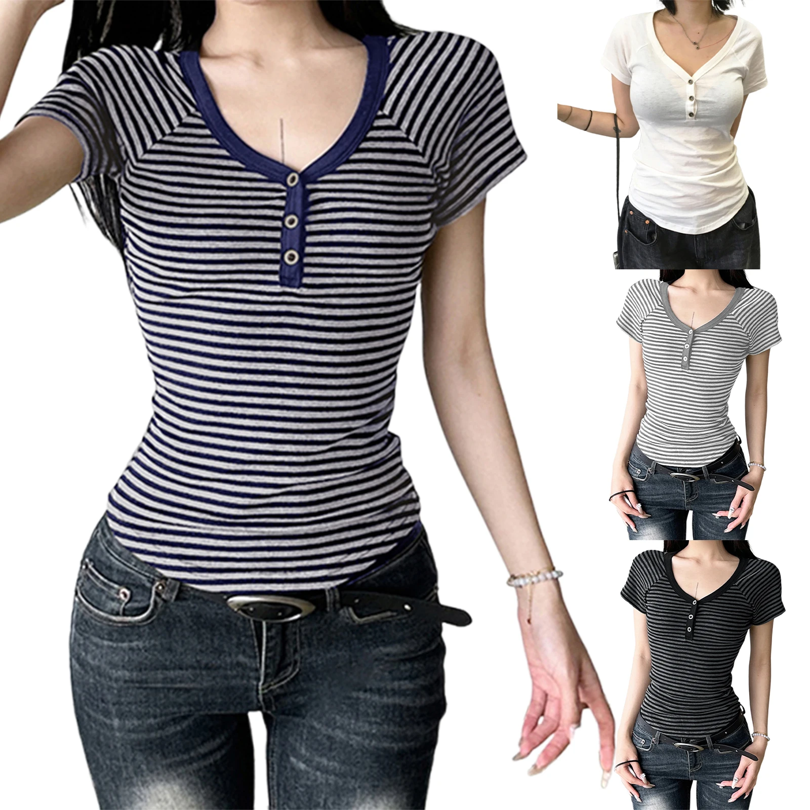 Women's Summer Slim Cropped Tops Solid Color/Stripe Print Short Sleeve Front Button V-Neck Slim Fit T-Shirt