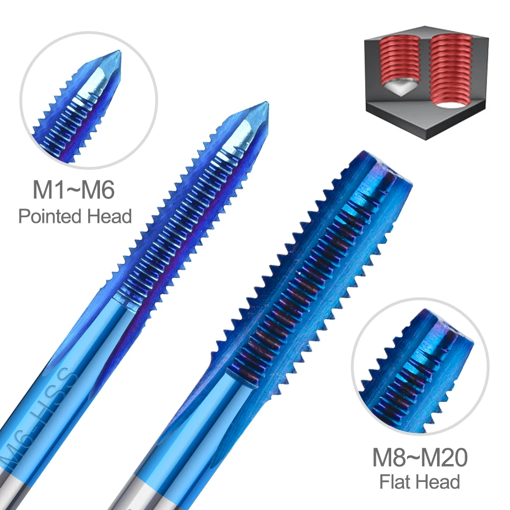 HSS-Gewindebohrer-Set M1-M20, metrischer Gewindebohrer mit Schraubenschlüssel, 1–10 Stück, Nano-blau beschichteter Gewindebohrer mit gerader Nut für CNC-Werkzeugmaschinen – Detail 3