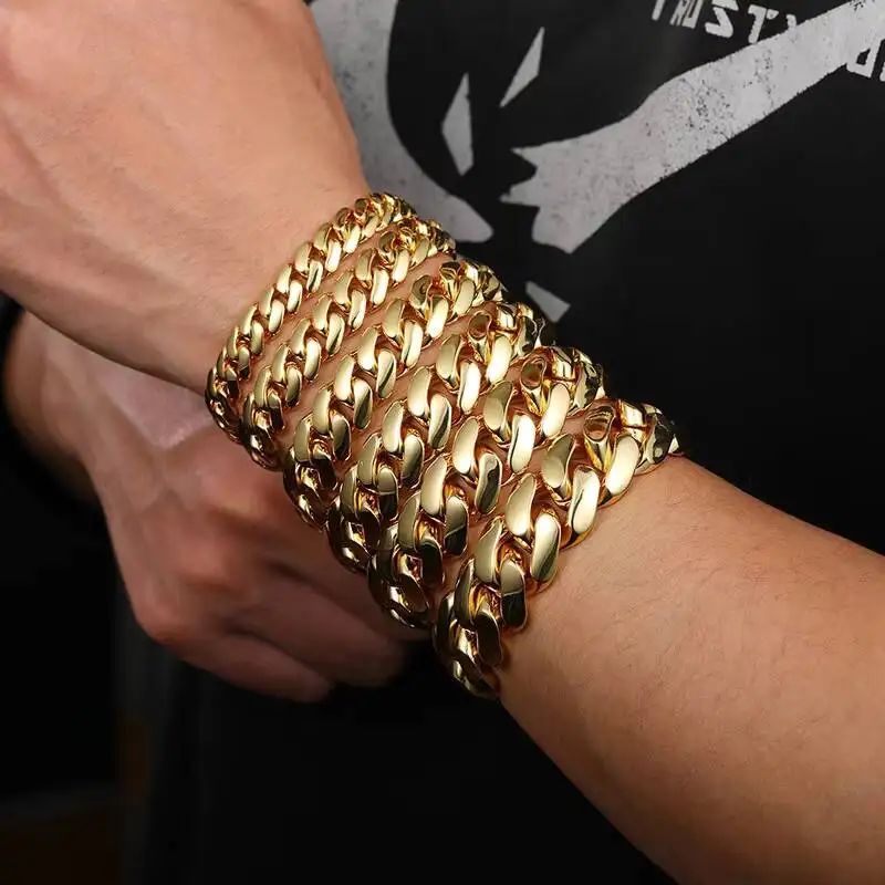 Fashion Wholesale Promotional Price 6-22mm Cuban Link Chain Bracelet 18K Gold Plated Moissanite Men's Hop Miami Style..