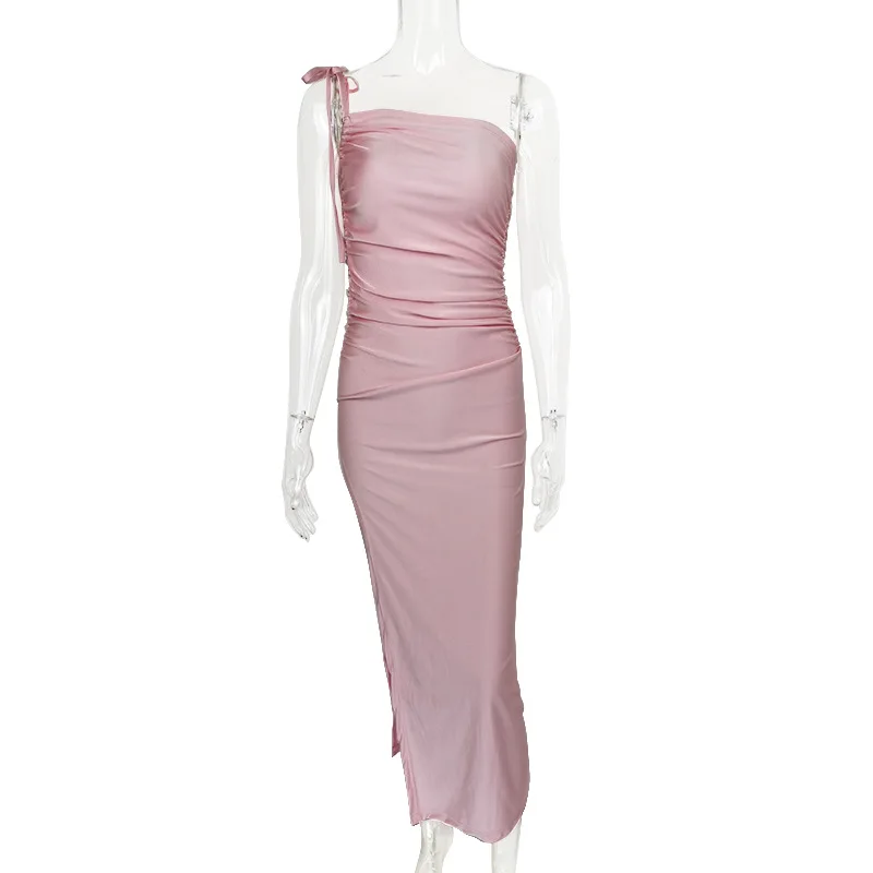 夏の新作 欧米風 レディースファッション ストラップレス ラップチェスト スリット入りスカート おしゃれ スリム プリーツワンピース