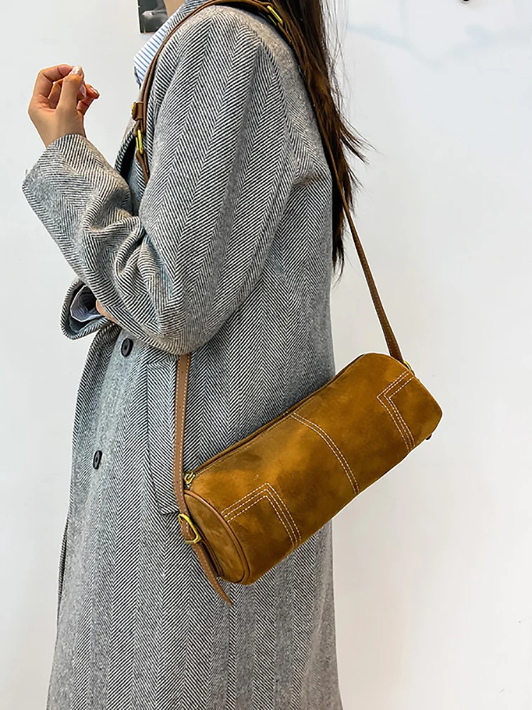 Suede Cylinder Crossbody Bag Women Vintage Large Capacity Shoulder Bags Solid Color Casual Daily Handbags Retro Mini Barrel Pack