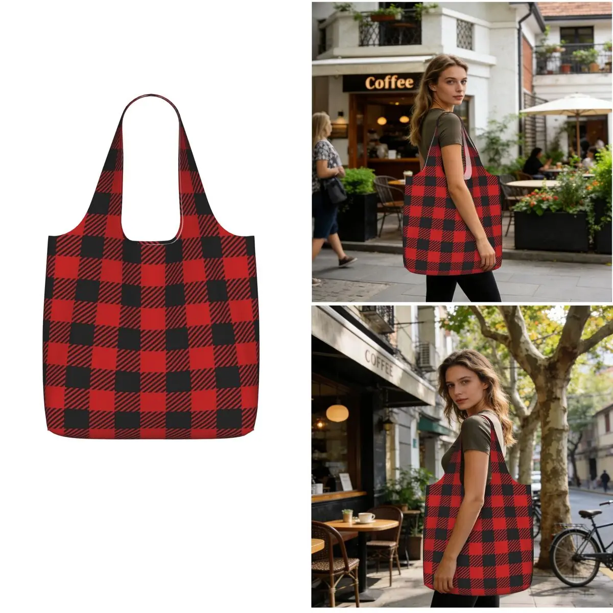 Red And Black Seamless Pattern Shopping Tote Bag Canvas Large Capacity Shoulder Bags Shopper Grocery Handbag for Women