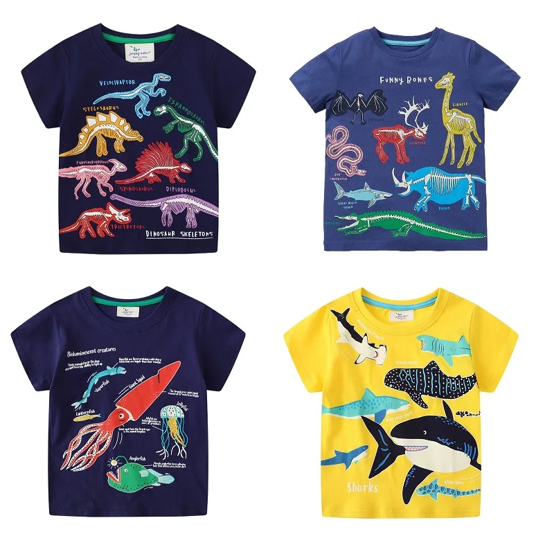 Kids Luminous Cartoon Shark Dinosaur T-shirt 100% Cotton Baby Boys Tees Summer New Short Sleeve Tops Dropshipping