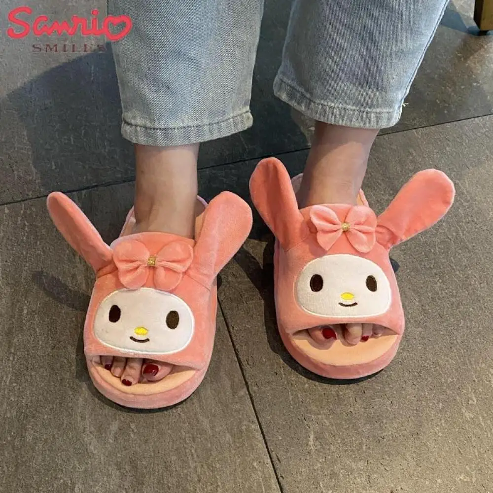 Anime Kuromi Sanrioed Plush Slippers Ears Move Kawaii Cinnamoroll My Melody Cartoon Girl Thicken Warm Home Slippers Funny Gift