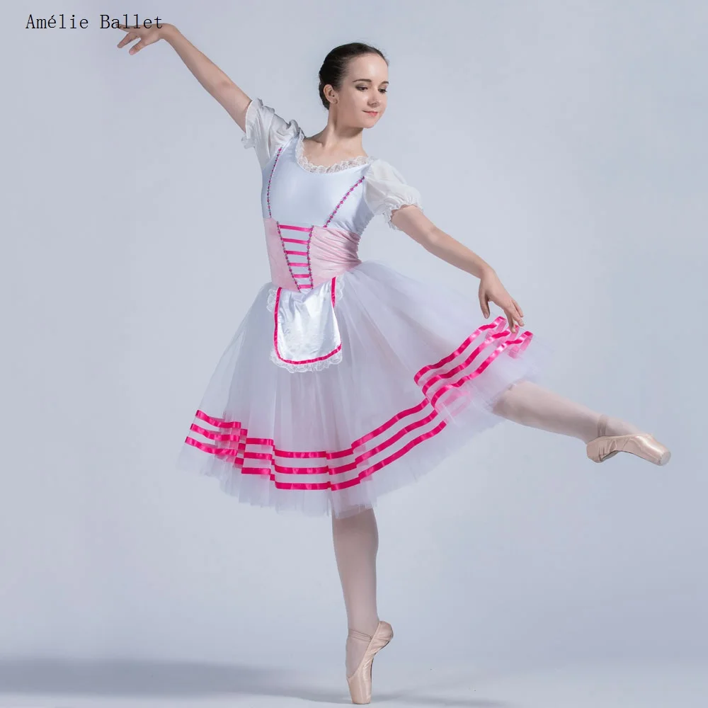 

20015 White Spandex and Pink Velvet Bodice Leotard with White Romantic Length Tutu for Girls & Women Performance Dance Dress