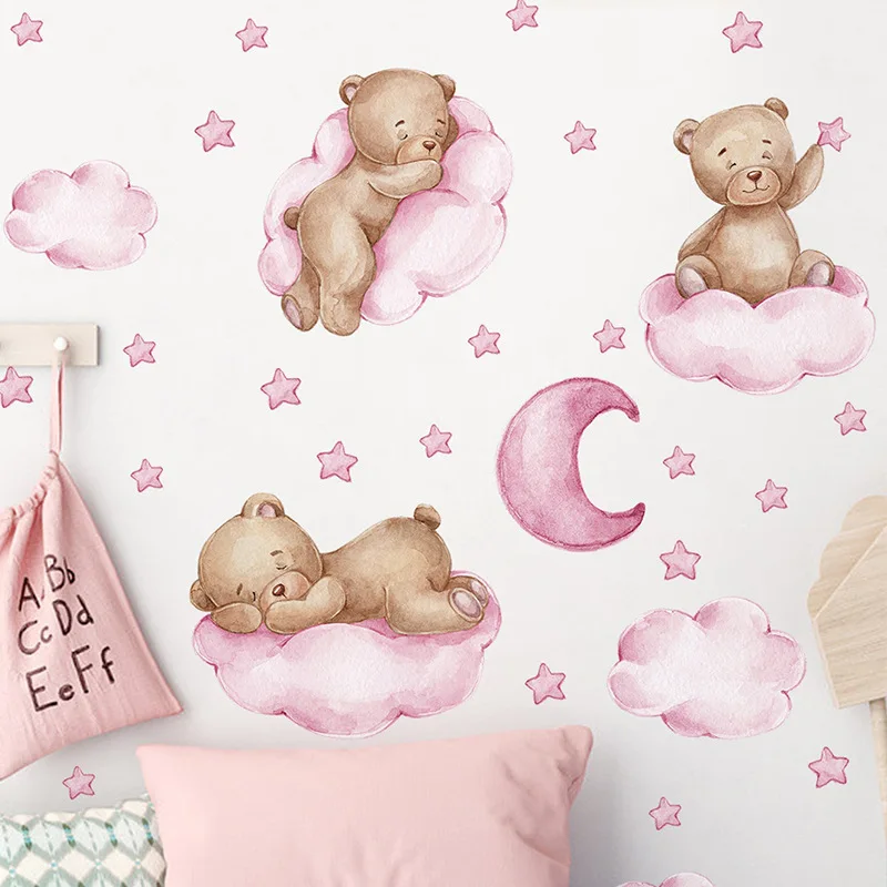 Creative cute cartoon bear Goodnight clouds Moon clouds Children's bedroom home wall decoration wall best-selling stickers