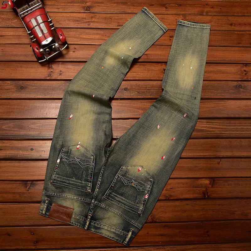 2024 New Retro Jeans Men's Printed Graffiti Hole & Patch Street Tide Brand High-End Washed Distressed Slim Trousers