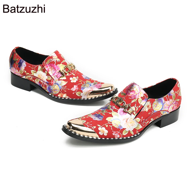 

Batzuzhi Fashion Elegant Men's Shoes Gold Metal Toe Leather Dress Shoes Men Slip on Red Color Leather Party, Wedding Men Shoes!