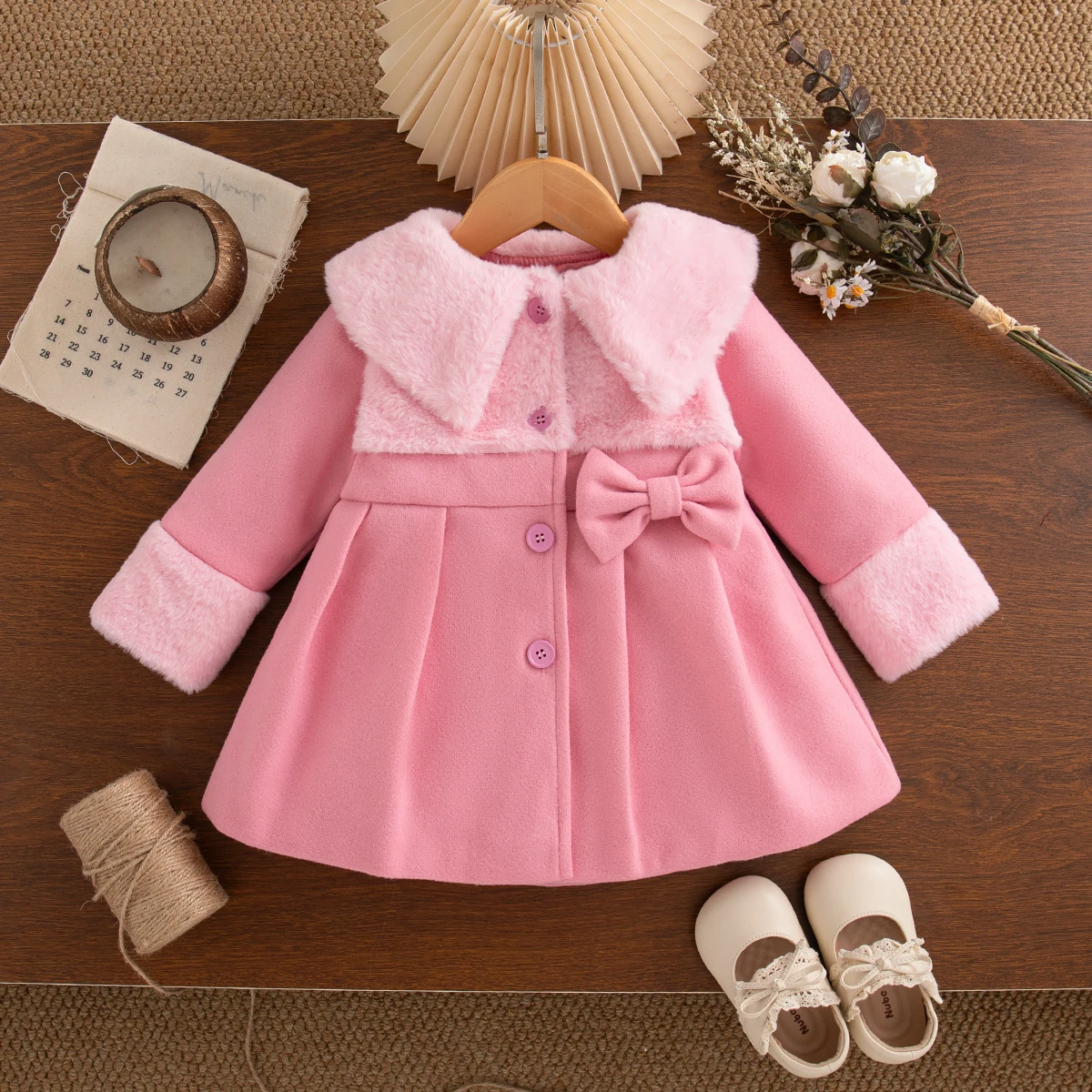 

Baby Girl Coat Autumn And Winter Cotton Solid Color Bow Collar Long Sleeved Baby Girl Jacket Cute And Warm Christmas Girl Tops