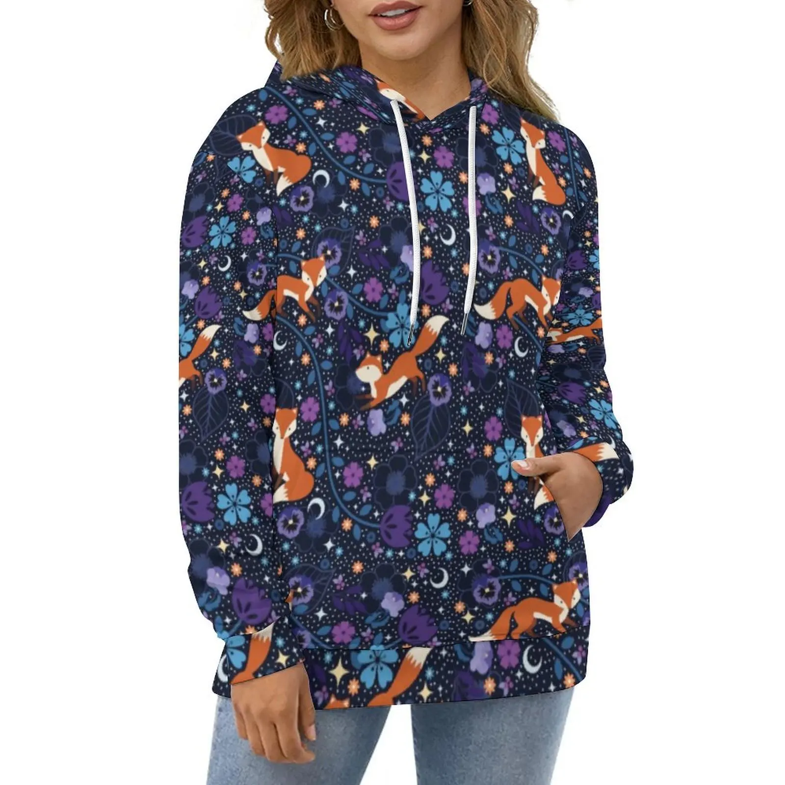 

Dreamy Folk Fox Hoodies Long Sleeve Blue Floral Print Cool Casual Hoodie Winter Fashion Oversize Pattern Loose Sweatshirts