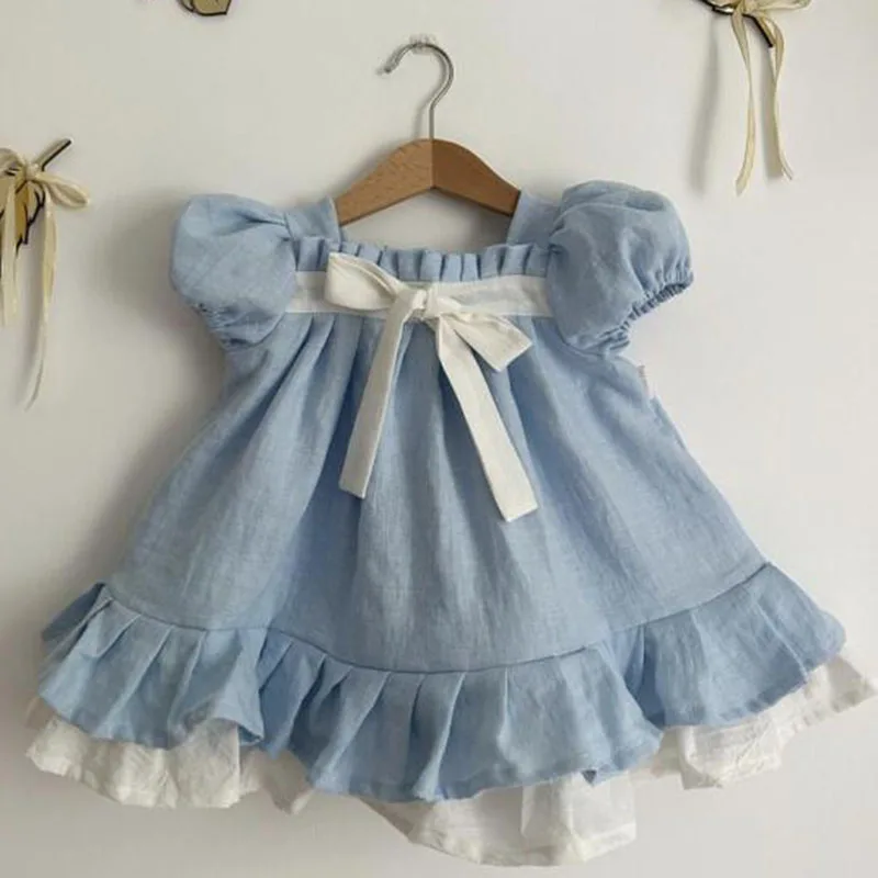 2025 New Summer European American Style 2-6 Yrs Baby Girl Party Dress Short Sleeved Cotton Splicing Kids Princess Dresses