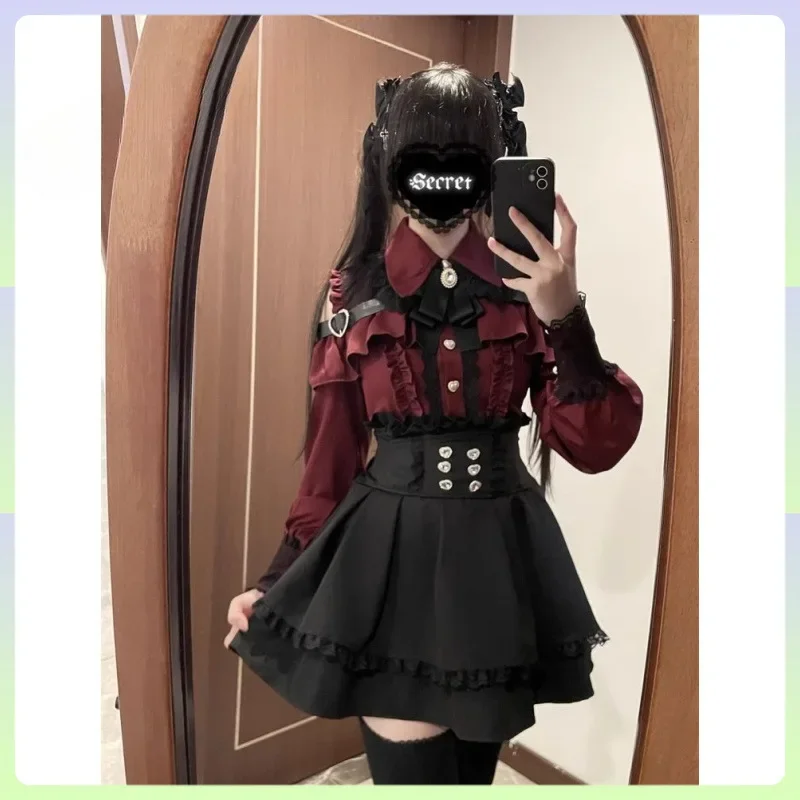 Jirai Kei Cosplay gótico Lolita vestido de novia conjunto blusa de manga larga Falda plisada negro blanco rojo Ver para fiesta de Halloween