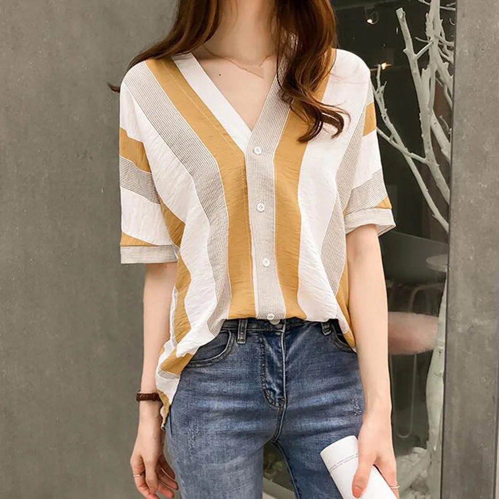 Summer Korean Elegant Fashion Harajuku Slim Fit Female Clothes Loose Casual All Match Tops Patchwork Button Short Sleeve Blusa