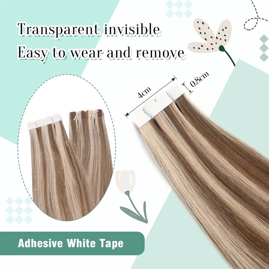 Vlasy 16pcs Mini Tape 100% Human Hair Extensions Strap Seamless Invisible Straight Wigs Long Hair For women 24 inches T Color
