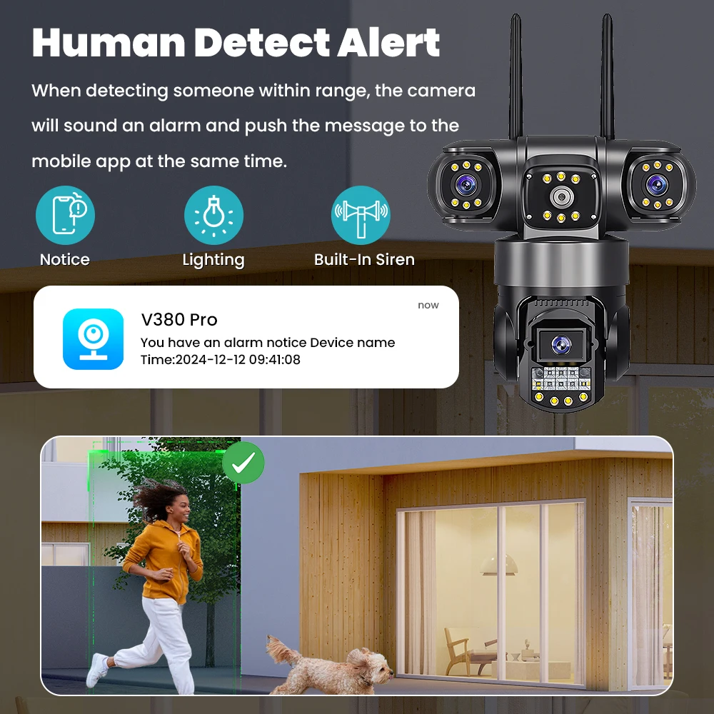 V380 PRO Three Lens Three Screen IP Camera Outdoor 4G Sim Card 6K 12MP Video Monitor Color Night Vision Security Protection Cam