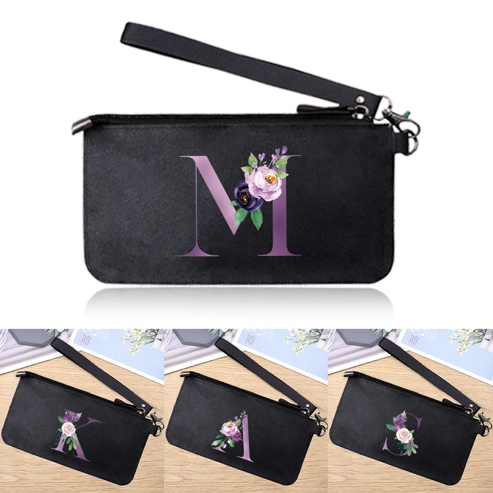 Portafoglio da donna con blocco RFID, pochette con cerniera, portamonete da viaggio in pelle, porta carte di credito con impugnatura, cinturino da polso, motivo a lettere viola