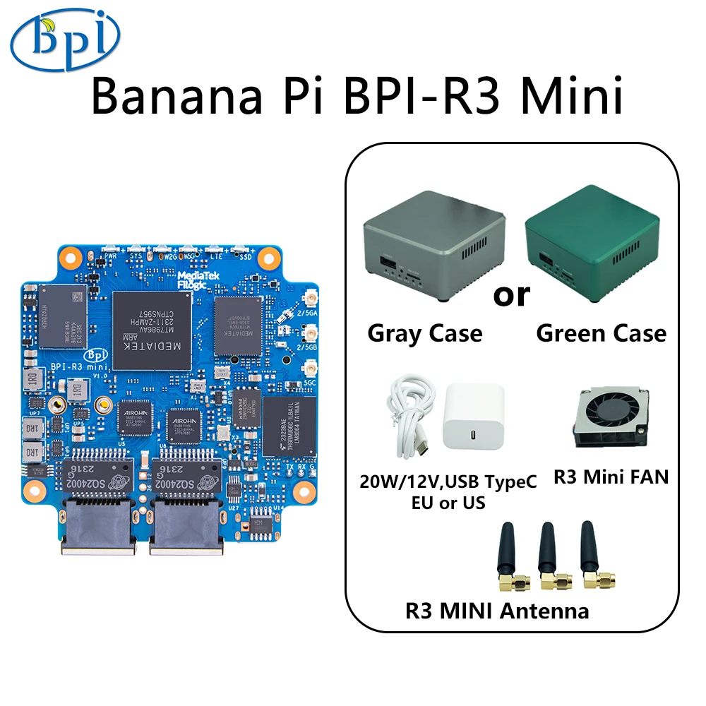 Banana Pi BPI-R3 Mini Router Set, Open Source, Casos, Antena, MediaTek MT7986, ARM A53, 2G DDR, 8G, eMMC, Openwrt, PC