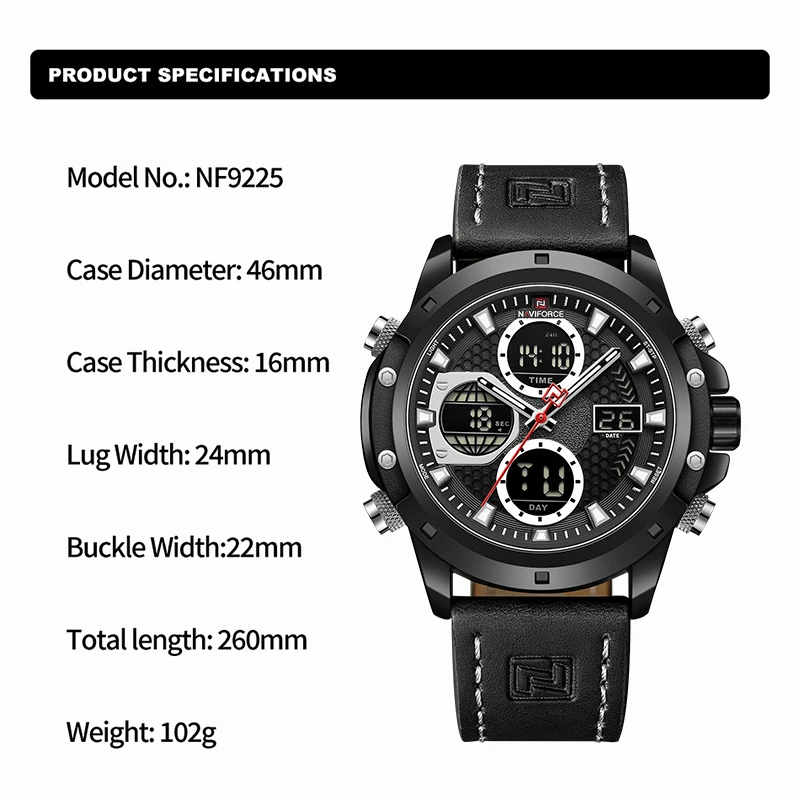 NAVIFORCE 2024 New Fashion Male Quartz Dual Display Wristwatch Waterproof Genuine Leather Strap Sports Luminous Watches for Men