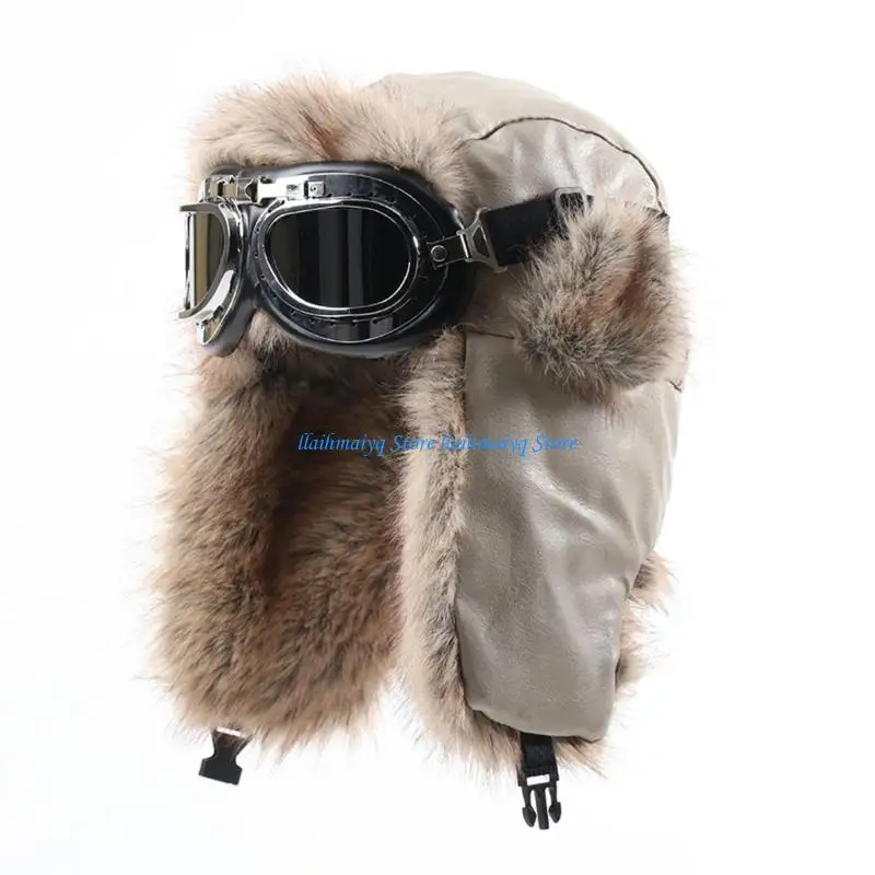 

573B Heavy Duty Winter Goggles Cap PU Leather Exterior Ear Trapper Hat
