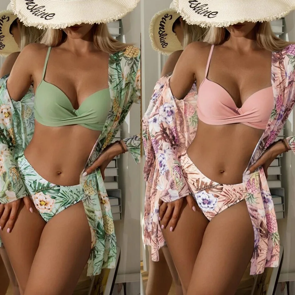 Maillot de bain trois pièces pour femmes, modèle floral torsadé, taille basse, soutien-gorge push up, manches longues, cover-up, vêtements de plage,