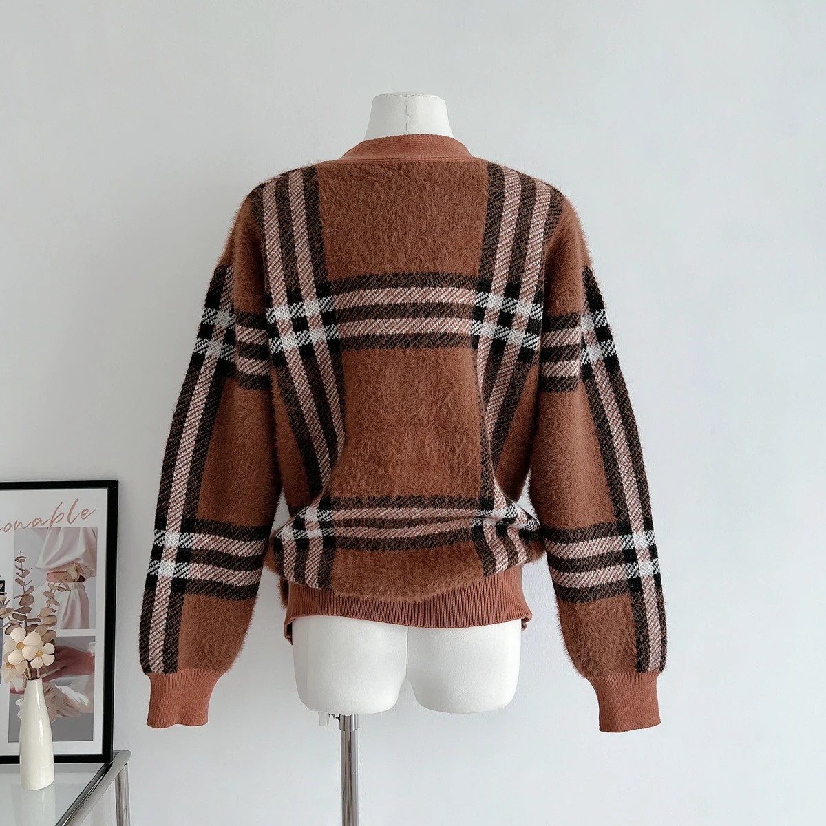 Women Casual 90s Vintage Plaid Knitting Long Sleeve V-Neck Cardigans 2024 Winter Fashion Elegant Single Breasted Ladies Sweater