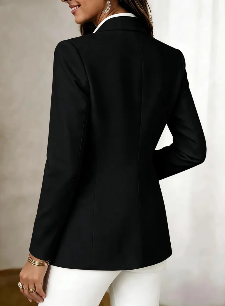 Damen-Blazer, einfarbig, mit Reverskragen, doppelten Knöpfen, langen Ärmeln, schmal geschnitten, für Büro und Anlasskleidung. – Detail 10