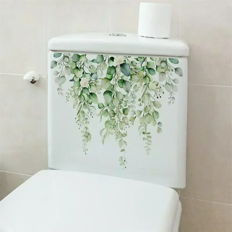 Pegatina de pared de hojas de plantas, Mural autoadhesivo de WC, calcomanías de decoración del hogar de flores embellecedoras, pegatina de