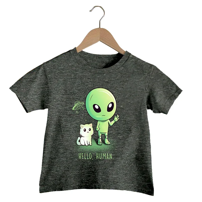 Hello Human Print T Shirt Baby Boys Funny Alien UFO T-shirt Cute Cat Graphics Kids Clothes Girls Harajuku Summer Streetwear Top