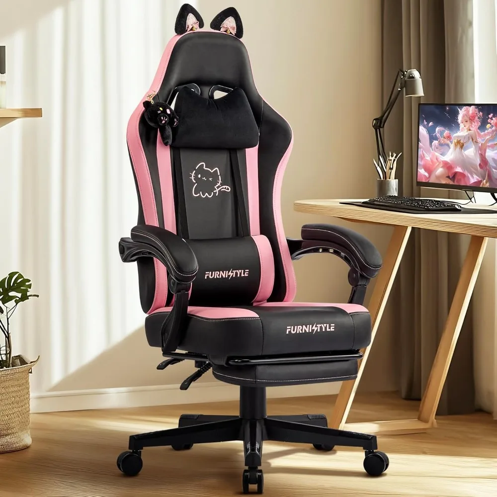 

Gaming Chair with Footrest, Comfy Girly Video Game Chairs with Cat Ears Pocket Spring Cushion Massage Lumbar Support & Headrest,
